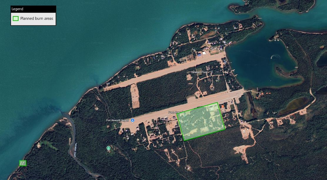 Satellite image of Port Alsworth; a lake borders forested land with gravel roads and housed dispersed throughout the forested vegetation. There are two separate green shadowed boxes indicating areas to be burned. There is a legend in the top right corner.