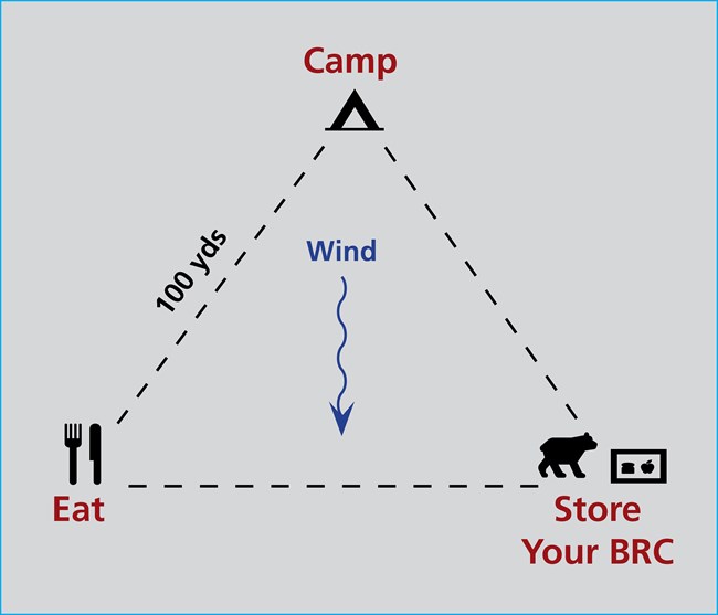 A diagram that shows a triangle formation with the word "Camp" on the top point. On the bottom left point the word "Eat" and on the bottom right the words "Store Your Bear Barrel." Each point is separated by 100 yds.