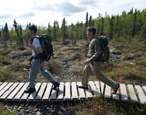 Two young men wearing backpacks hiking on a board walk trail. Two young men wearing backpacks hiking on a board walk trail.