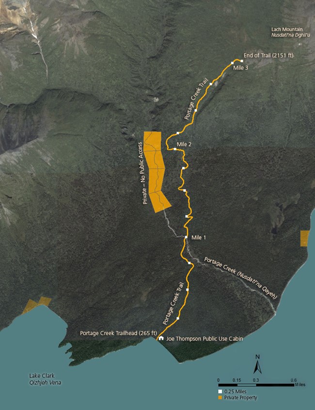 map of the portage creek trail showing private property on each side of the route