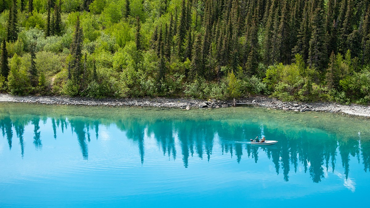 Aerial photo looking down on a motor boat on a brilliantly turquoise lake surrounded by spruce trees.