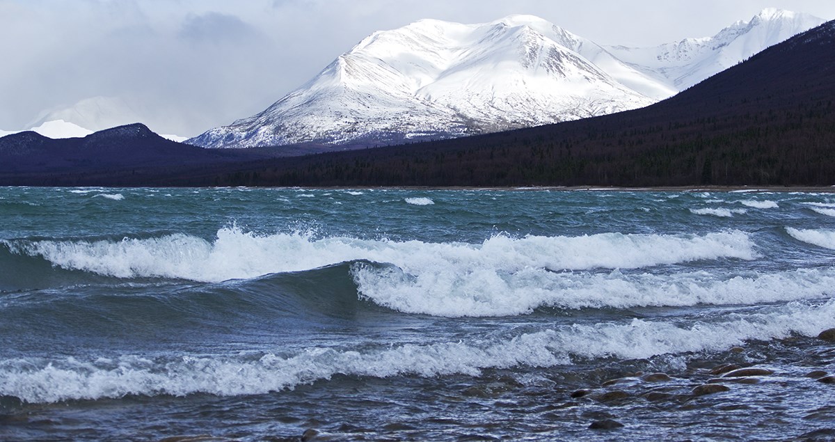 Photo of large waves on a lake with forested hills and a snow-capped mountain in the background.