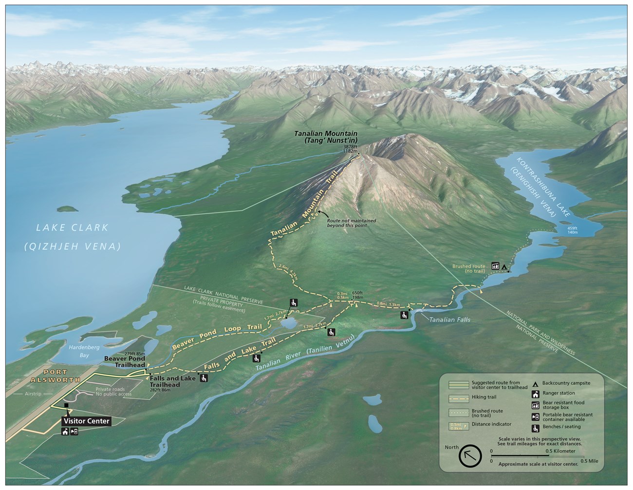 map of the Tanalian Trails system in Port Alsworth, showing the Falls and Lake Trail, Beaver Pond Trail, and the Tanalian Mountain Trail