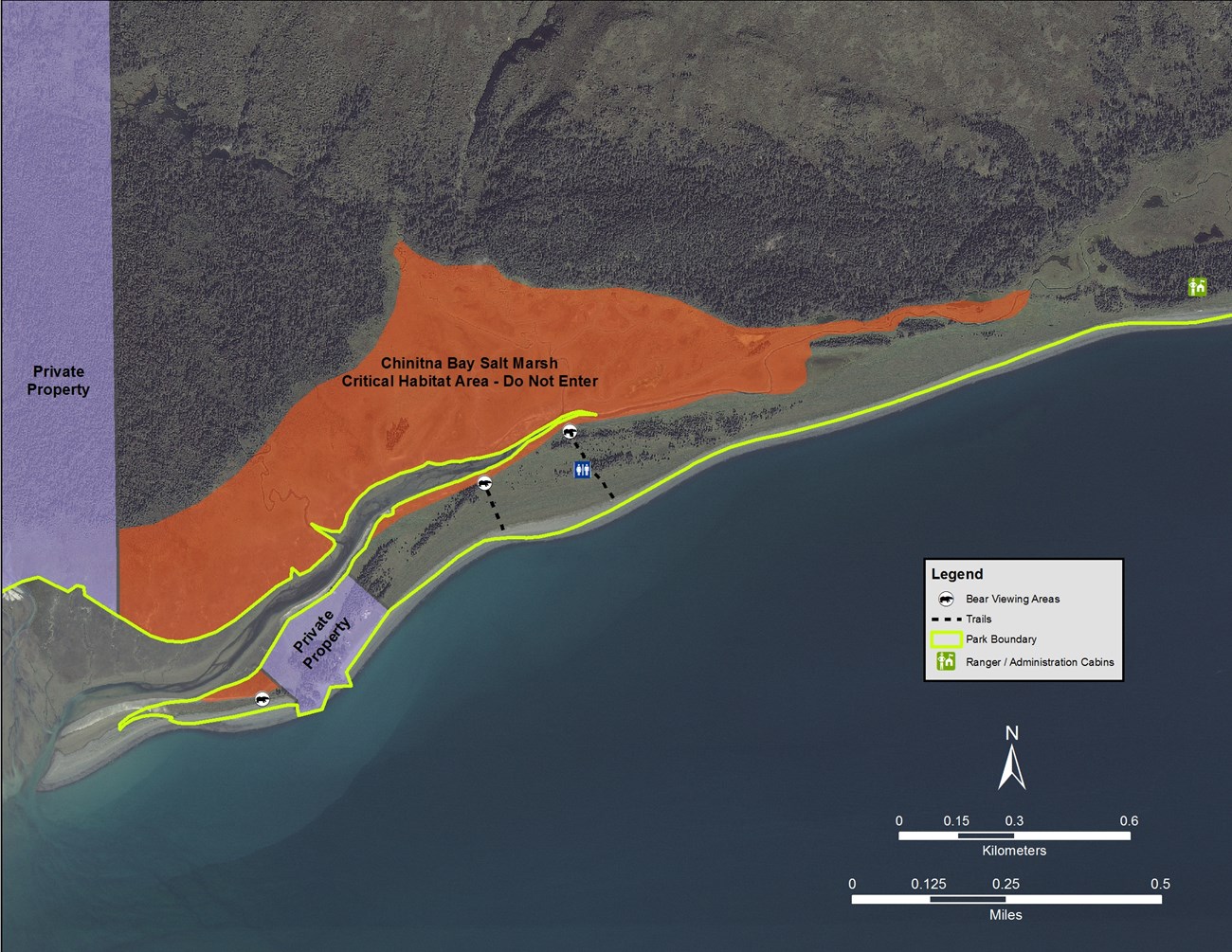 A satellite map of Chinitna showing the bay, shoreline, areas closed to entry, the location of a ranger cabin, bear viewing platforms, and private property boundaries.