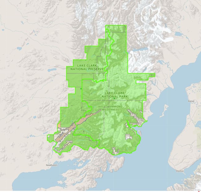 A map of the Lake Clark National Park and Preserve Boundary.