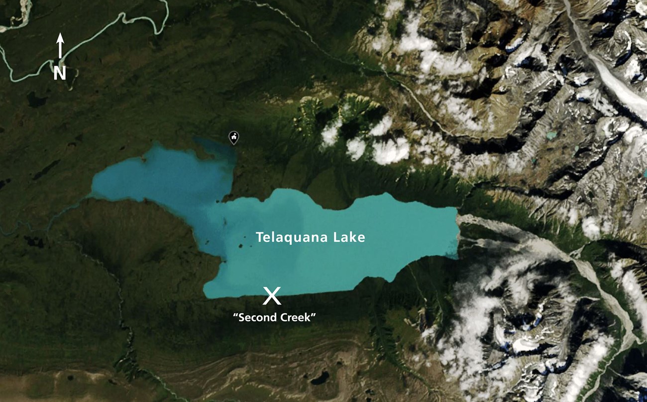 Aerial image of Telaquana Lake with "Second Creek" approximate location