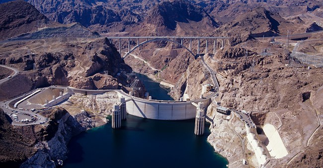 Aerial of the Hoover Dam and the Colorado River bridge