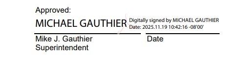 Screenshot of the Superintendent's signature of the most recent update to the Compendium. Dated 11/18/2025