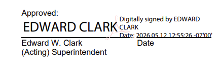 Screenshot of the Superintendent's signature of the most recent update to the Compendium. Dated 5/12/26