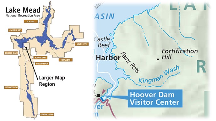 Map showing the location of Fortification Hill, in the southern part of Lake Mead.