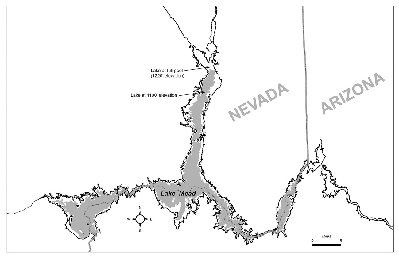 Lake Mead Overview figure 3, showing the lake’s elevation at full pool vs the current elevation.