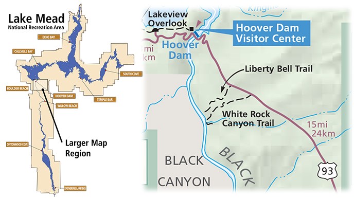 Map showing the location of Liberty Bell Arch, in the southern part of Lake Mead.