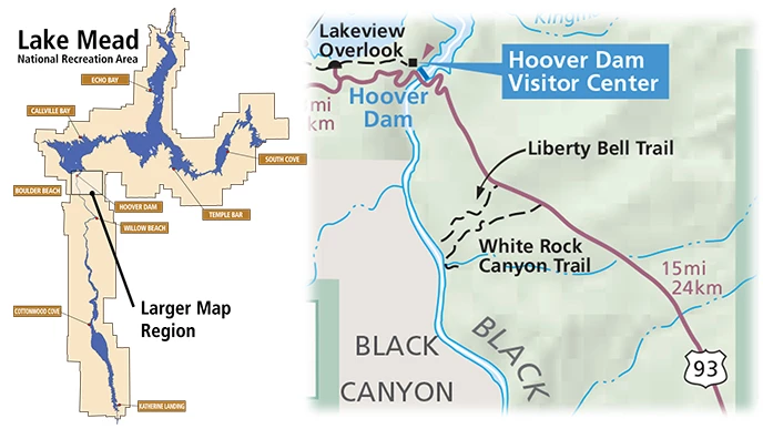 Liberty Bell Map Map showing the location of Liberty Bell Arch, in the southern part of Lake Mead.