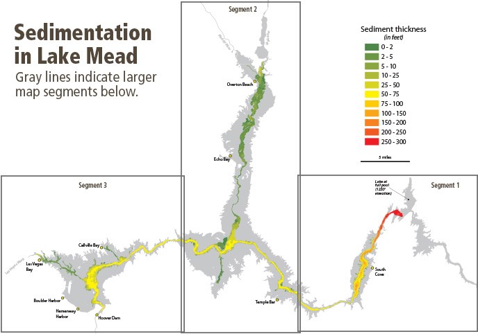 Map graphics showing areas of Lake Mean and Lake Mohave and sediment thickness