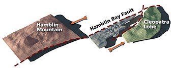 Graphic showing Hamblin Mountain and the Cleopatra lobe apart from each other as they are today.