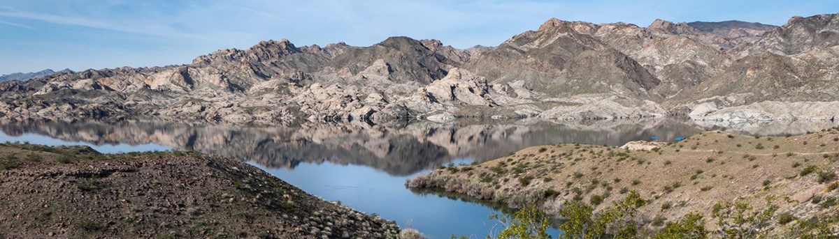 Mohave desert with water in the foreground