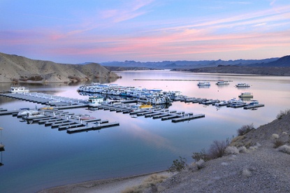 Photo of Cottonwood Cove Marina on Lake Mohave at sunset.