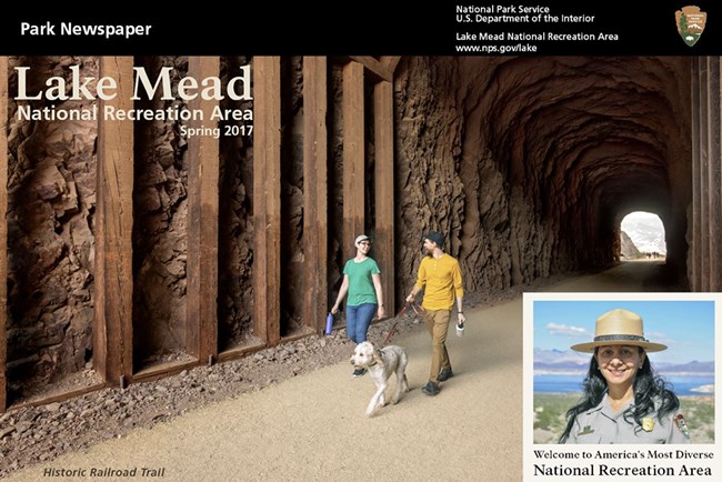 Lake Mead cover image Spring 2017 Two young adults walking dog through a tunnel on the Lake Mead Historic Railroad Trail