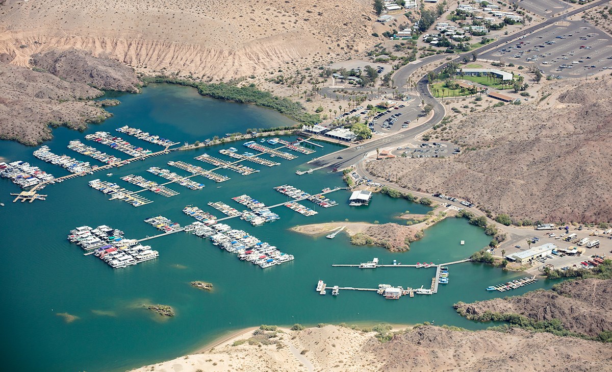 aerial view of marina with boats and parking lot at Katherine Landing aerial view of marina with boats and parking lot at Katherine Landing