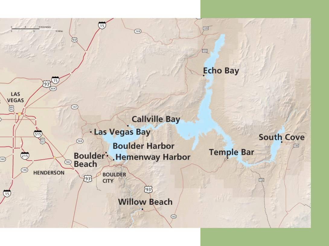 Decorative map image showing Southern portion of Lake Mead National Recreation Area