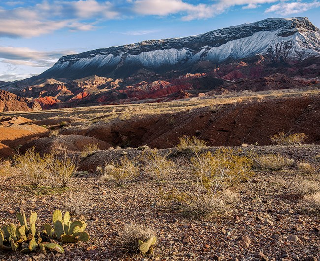 View of mountain with light dusting of snow.