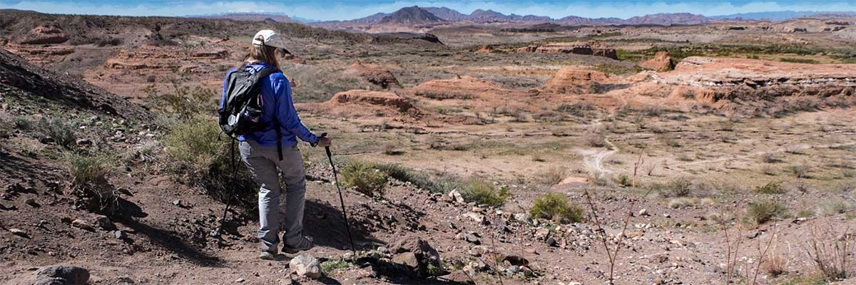 Hiker descends into valley with red sandstone