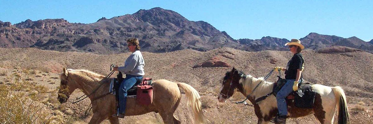 Two horseback riders with desert mountains in background