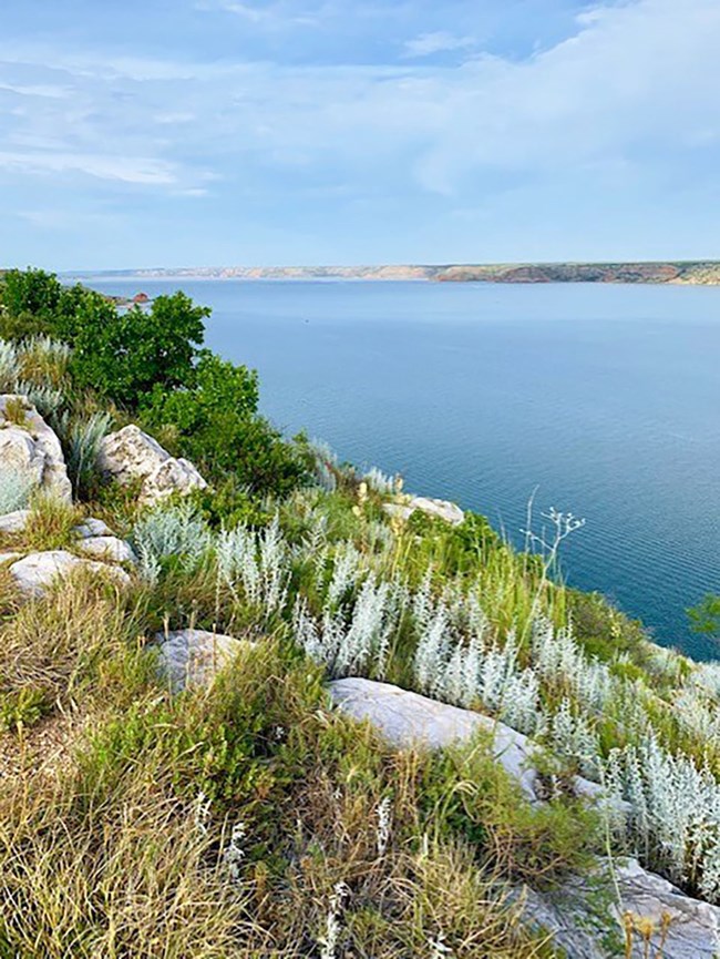 Dolomite boulders on a mesa overlooking the lake