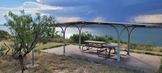 picnic table overlooking the lake