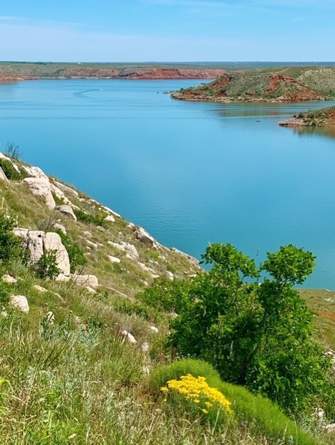 Fritch Fortress with glassy water and blue skies.  There are yellow flowers on the mesa.
