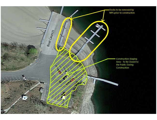 Aerial view of staging area for seawall repair project.