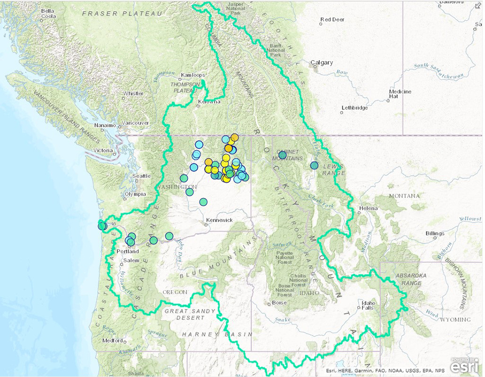 Map outlining the Columbia River Watershed and points marking participating schools of The River Mile.