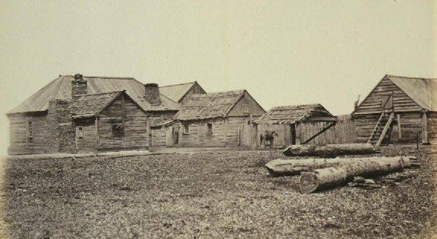 Photograph of Fort Colvile, a Hudson's Bay Company fur trading post, in 1861