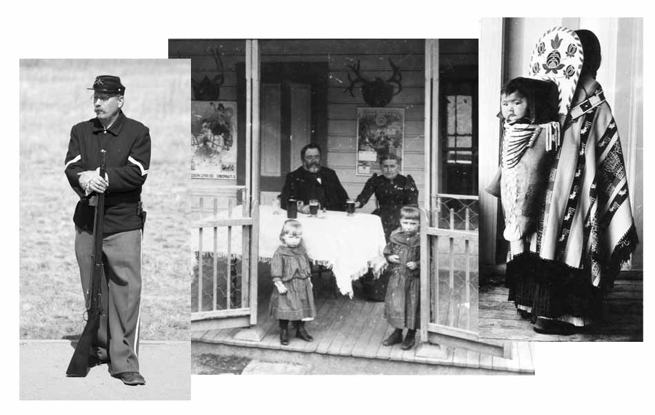 Three black and white photos. Living History volunteer as a Fort soldier. Settlers, man, woman and two children on their porch. Baby Indian on his mother's back in ornate carrier.
