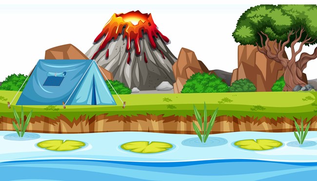 A playful illustration of a campsite with a small volcano beyond.