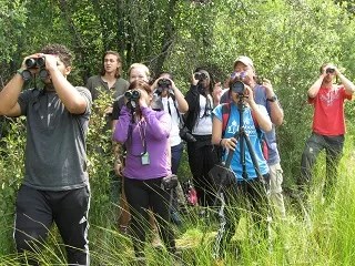 A group of visitors with binoculars look for birds.