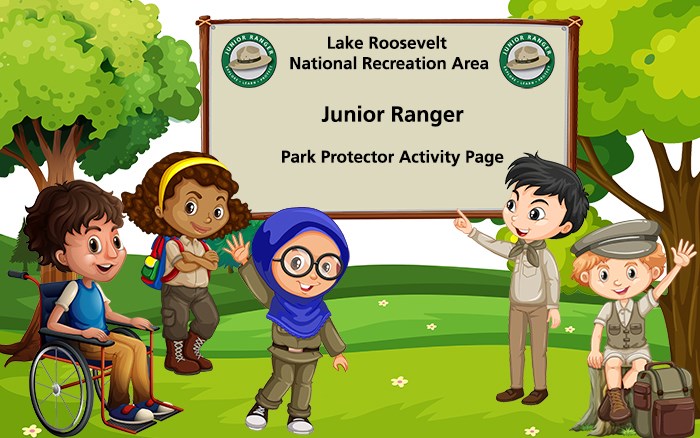 A group of children stand below a sign that says Lake Roosevelt NRA Junior Ranger Park Protector Activities.