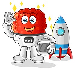 A cartoon astronaut with a raspberry head waves while standing in front of a rocket.