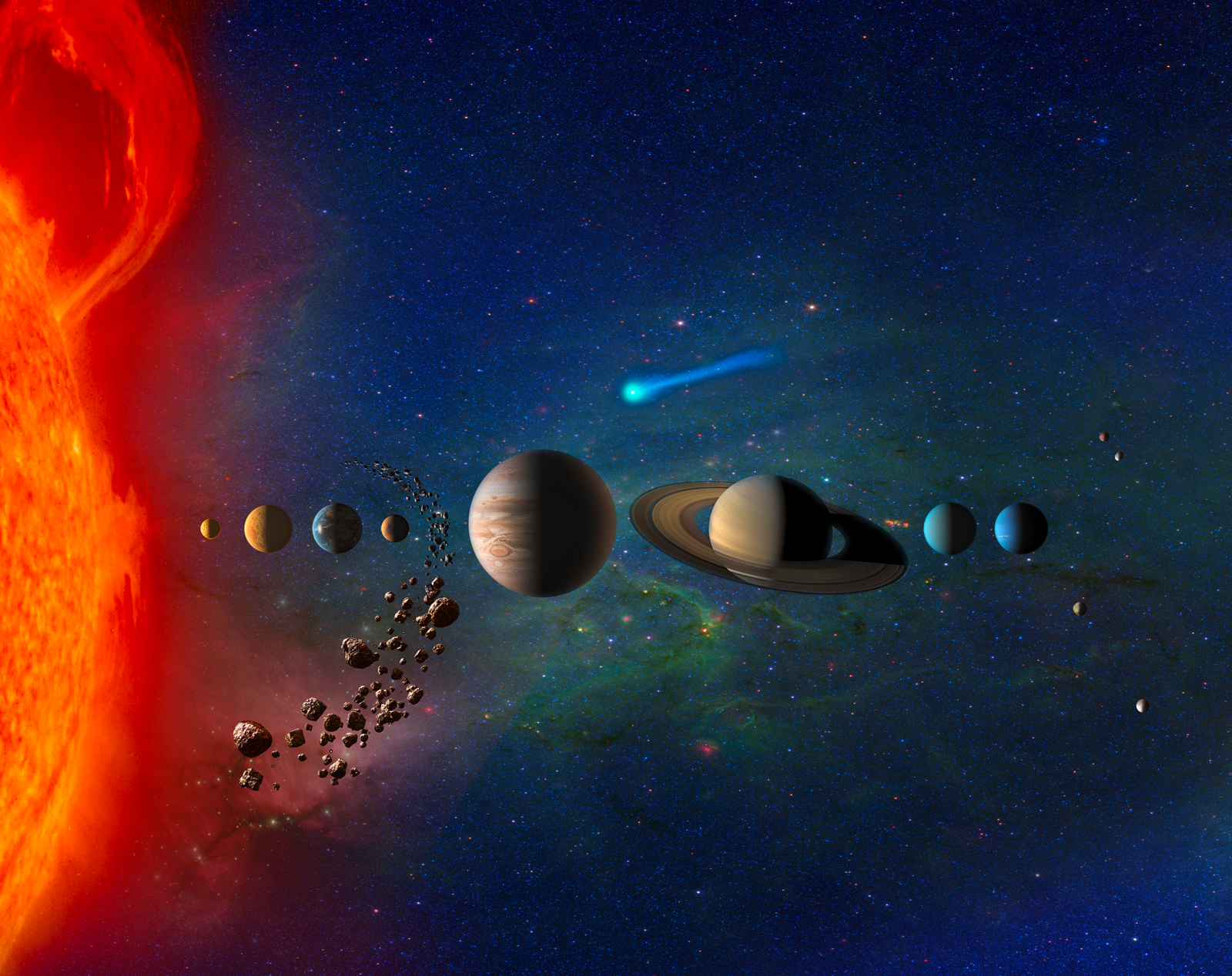 A cross section of the solar system with the asteroid belt.