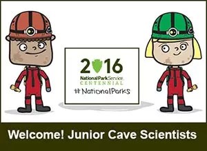 A hand drawn logo for the junior cave scientist program.