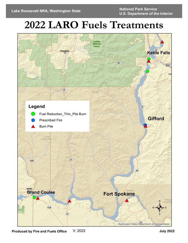 Map of Lake Roosevelt with icons indicating locations of fuel reduction thin pile burns, prescribed burns, and burn piles