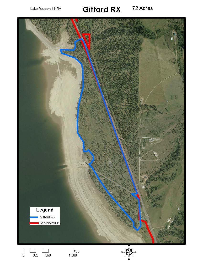 Aerial map of Gifford Prescribed fire zones. Blue outline is the proposed burn area, red outline is the park boundary. Burn area is the forested area bordered by the sandy beach and road.