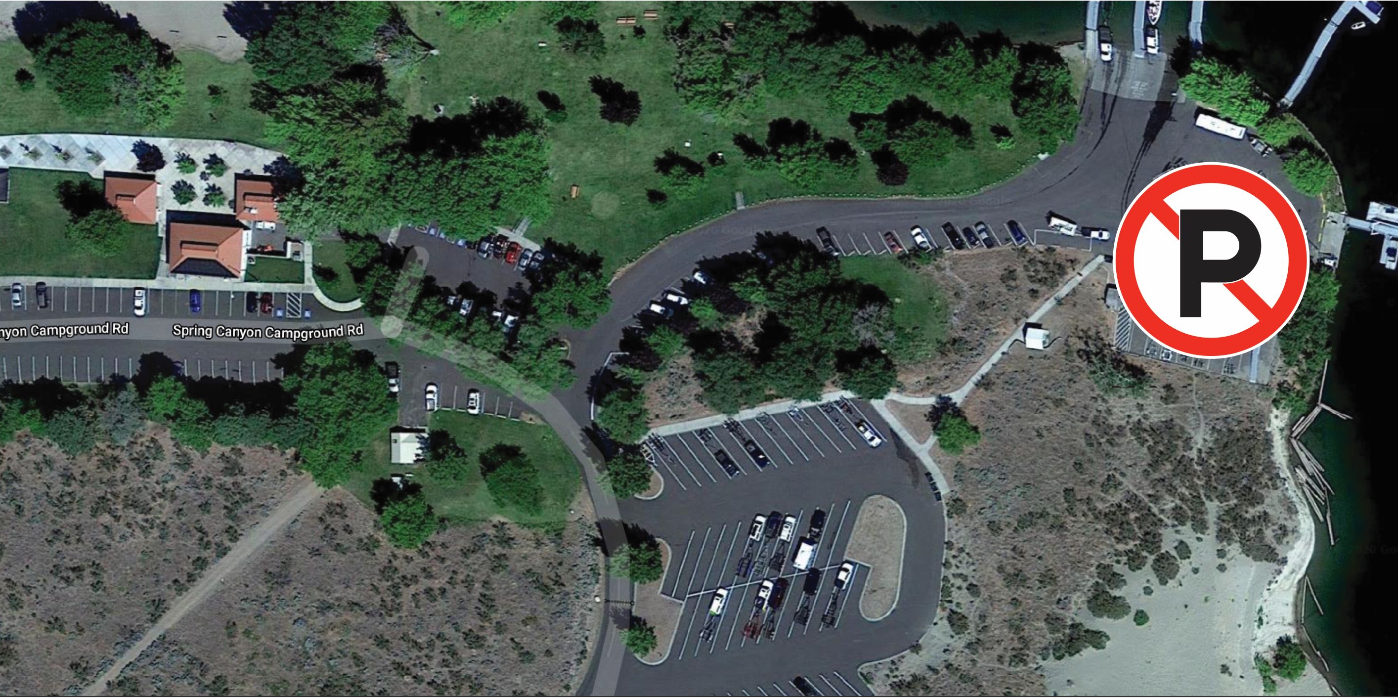Aerial view of Spring Canyon boat launch with closed lower parking lot marked Aerial view of Spring Canyon boat launch with closed lower parking lot marked