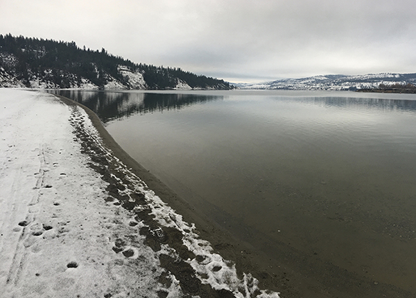 Snow on the Spokane Arm A dusting of snow on the shore and surrounding mountains of Lake Roosevelt.
