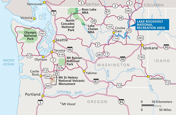 Map of Washington State showing location of Lake Roosevelt National Recreation Area in Northeast Washington. Image Credit: NPS/HFC