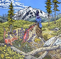 Oil and pen painting of wildlife and landscape near Manzanita Lake