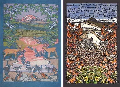 Two images made from layers of cut paper. One