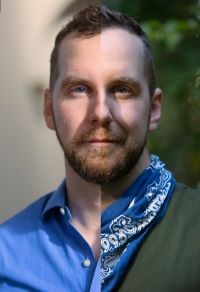 A portrait of a man made of two splice halves. He wears a blue colored shirt on the left half and a green shirt and blue bandana on the right side.