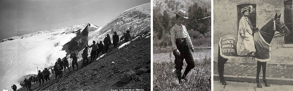Three black and white photos of climbers on a mountain summit and two of a woman