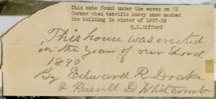 handwritten note that reads "This house was erected in the year of our Lord 1890"